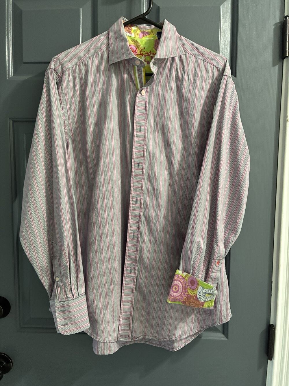 ROBERT GRAHAM Men's Black/Pink Stripe Long Sleeve Button Down Shirt Flip Cuff Lg